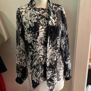 Black White Floral Silk Bow Tie Blouse Shirt Top! Size S/P NWT